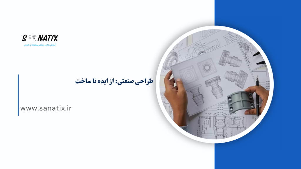 نمودار فرآیند طراحی صنعتی از ایده‌پردازی تا تولید نهایی شامل مراحل طراحی، نمونه‌سازی و ساخت با استفاده از نرم‌افزار
